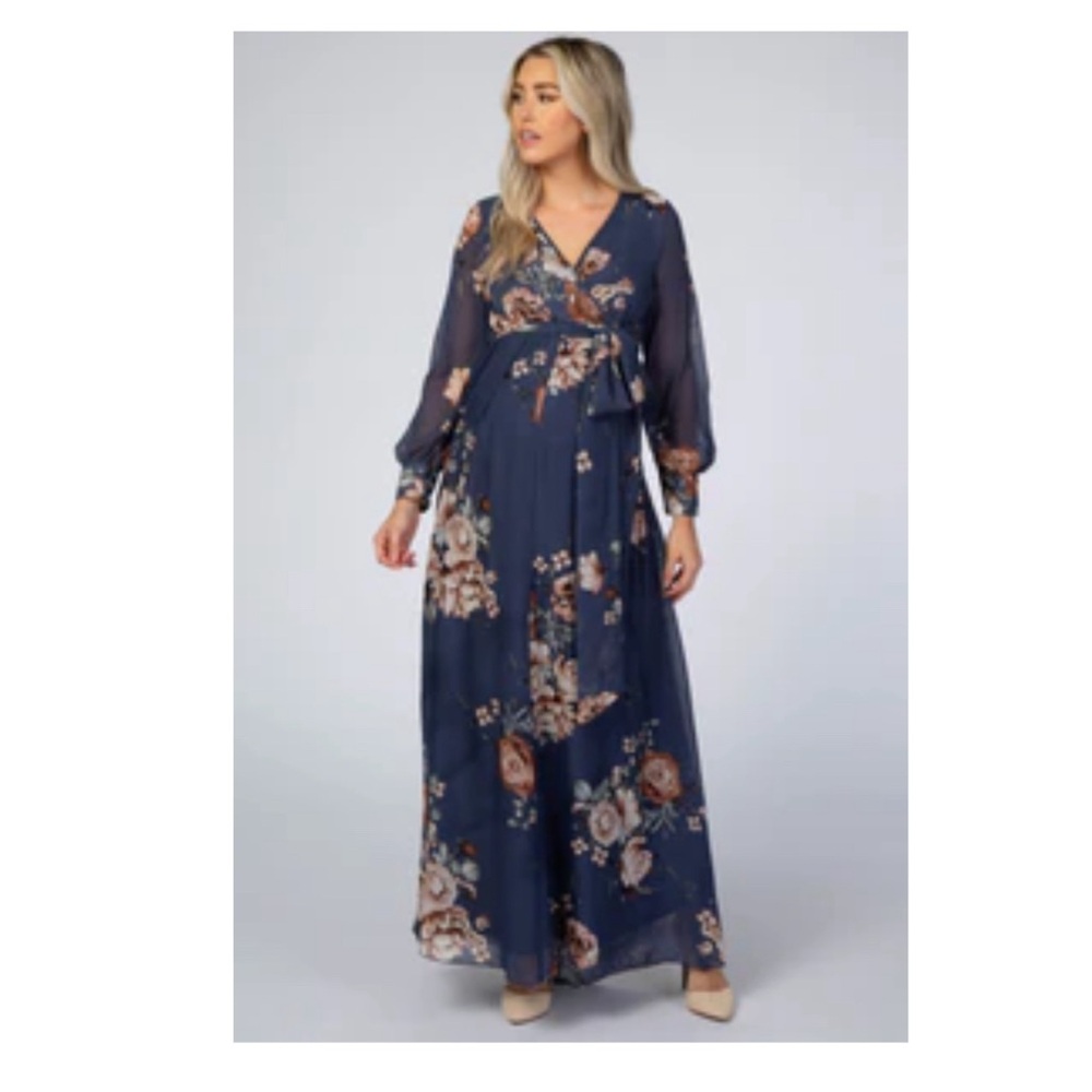 Navy Floral Chiffon Maternity Maxi Dress